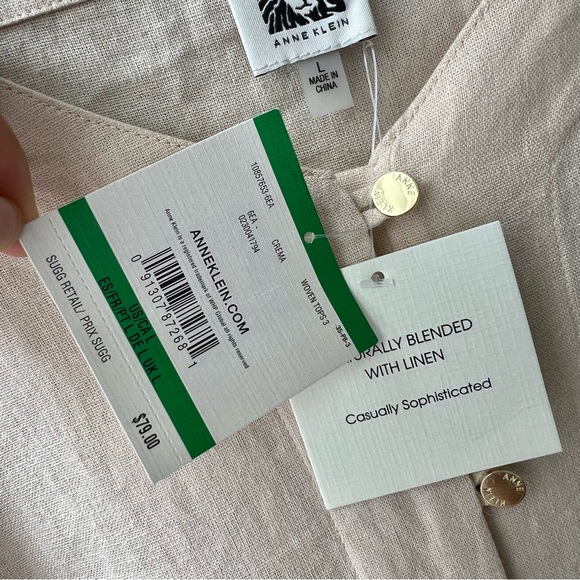 Anne Klein Top Blouse Shirt Career Linen Blended Solid Navy Blue Size L Large - Picture 7 of 12